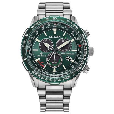 Citizen Eco-Drive Pilot Chronograph Watch with Atomic Timekeeping, 12/24HR, Power Reserve, Luminous Hands/Markers, Sapphire Crystal – Green Dial