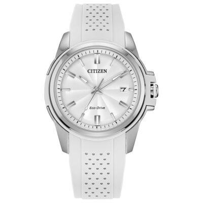 Citizen Ladies’ Eco-Drive Classic Silver Stainless Steel 3 Hand Watch with White Rubber Strap,White Dial (Model:FE6131-04A)