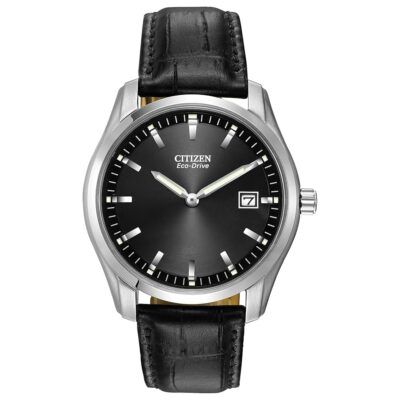 Citizen Men’s Classic Eco-Drive Leather Strap Watch, Date, Luminous Hands and Markers, Black Dial, Black Strap/Stainless Steel