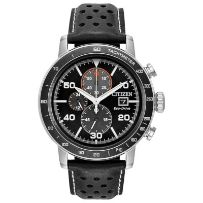 Citizen Men’s Eco-Drive Weekender Brycen Chronograph Watch in Stainless Steel, Black Leather strap, Black Dial (Model: CA0649-14E)