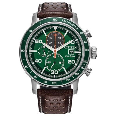 Citizen Men’s Eco-Drive Weekender Brycen Chronograph Watch in Stainless Steel, Brown Preforated Leather Strap, Green Bezel, Time/Date, 3 Hand, Green Dial (Model:CA0851-05X)