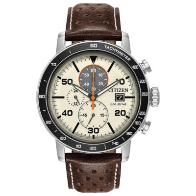 Citizen Men’s Eco-Drive Weekender Brycen Chronograph Watch in Stainless Steel, Brown Leather strap, Ivory Dial (Model: CA0649-06X)