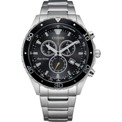 Citizen Men’s Eco-Drive Weekender Chronograph Watch in Silver-tone Stainless Steel, Black Dial (Model: AT2387-52E)