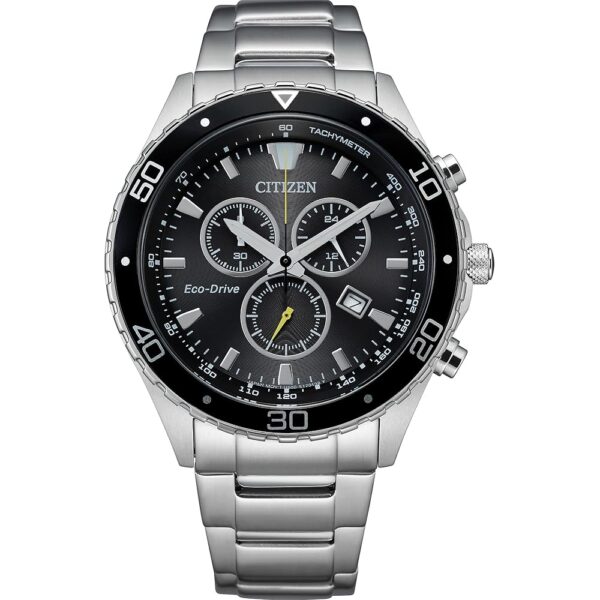 Citizen Men's Eco-Drive Weekender Chronograph Watch in Silver-tone Stainless Steel, Black Dial (Model: AT2387-52E)