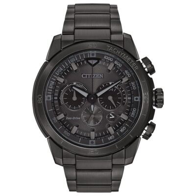 Citizen Men’s Eco-Drive Weekender Ecosphere Chronograph Watch in IP Stainless Steel, Black Dial (Model: CA4184-81E)