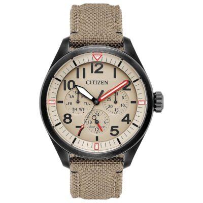 Citizen Men’s Eco-Drive Weekender Garrison Field Watch, in Stainless Steel with Khaki Nylon Strap, Khaki Dial (Model: BU2055-08X)