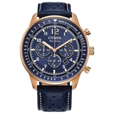 Citizen Men’s Eco-Drive Weekender Sport Casual Chronograph Rose Gold Stainless Steel Watch with Blue Leather Strap, Blue Dial (Model: CA4503-00L)