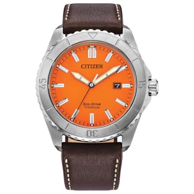 Citizen Men’s Eco-Drive Weekender Sport Casual, Silver-Tone Stainless Steel Watch, Brown Leather Strap, Orange Dial (Model: AW1840-09X)