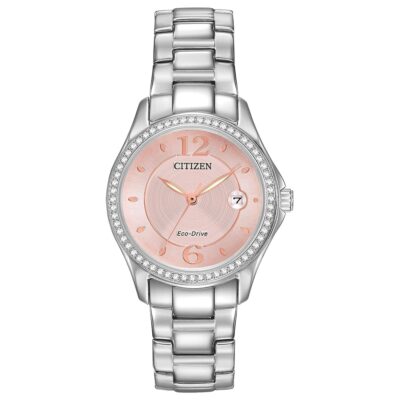 Citizen Women’s Eco-Drive Dress Classic Crystal Watch in Stainless Steel, Pink Dial (Model: FE1140-86X)