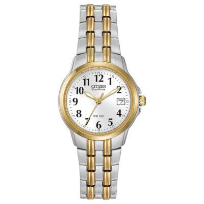 Citizen Women’s Eco-Drive Dress Classic Two Tone Gold Stainless Steel Watch, Easy to Read, White Dial, 26mm (Model: EW1544-53A)