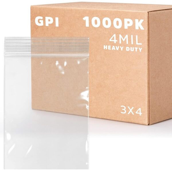 CLEAR PLASTIC REUSABLE ZIP BAGS - Bulk GPI Case Of 1000 3" x 4" 4mil Thick Heavy Duty, Strong & Durable Poly Baggies With Resealable Zip Top Lock For Travel, Storage, Packaging...