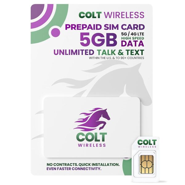 Colt Wireless Prepaid Sim Card USA, 90 Day Prepaid Cell Phone Plan w/ 5GB 4G LTE/5G Unlimited Data SIM Card, Talk & Text 90+ Countries, Mobile Hotspot