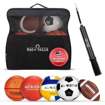 Complete Sports Balls w/Bag, Pump for Boys – Kickball, Volleyball, Soccer Ball, Football, Basketball – Outdoor Play