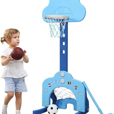 Costzon Kids Basketball Hoop, Toddler Sports Activity Center w/ 5 Adjustable Height Levels, Basketball Soccer Golf Game Set, Indoor Outdoor Basketball Hoop Set Best Gift for…