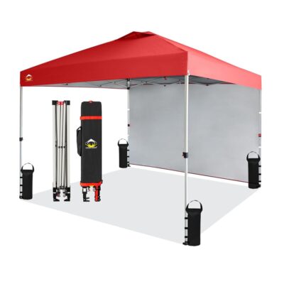 CROWN SHADES 10×10 Pop Up Canopy with 1 Side Wall – Beach Tent with One Push Setup – Outdoor Sun Shade for Events, Parties, Camping – Gazebo with STO-N-Go Cover Bag (Red)