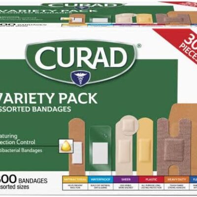 Curad Assorted Bandages Variety Pack 300 Pieces, Including Antibacterial, Heavy Duty, Fabric, and Waterproof Bandages