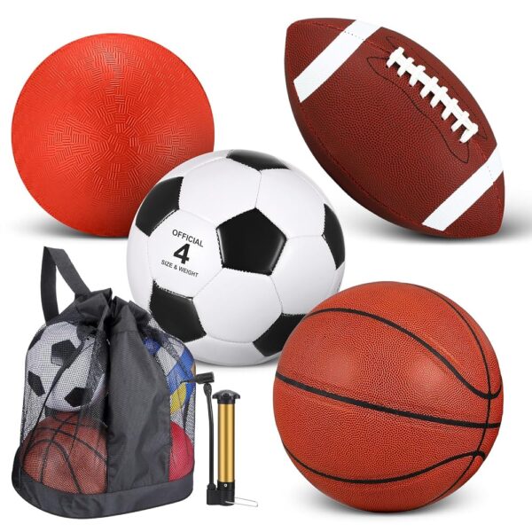 Deekin 4 Pcs Sport Balls Set for Kids Teens, Include Size 5 Basketball Size 4 Soccer Size 6 Football Playground Ball and Pump, Sports Equipment Bag Christmas Sport Gift for Kids