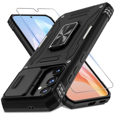 DEERLAMN Case for Samsung Galaxy S24 FE with Slide Camera Cover+Screen Protector(1 Pack), Rotated Ring Kickstand Military Grade Shockproof Protective Cover-Black