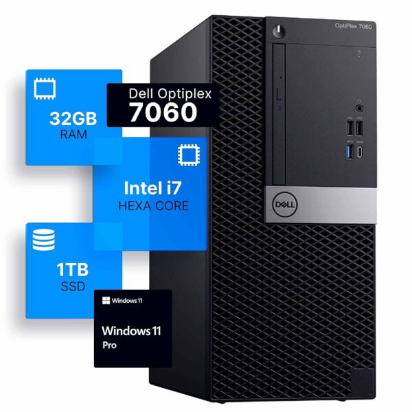 Dell Optiplex 7060 Tower Desktop Computer | Intel i7-8700 (3.4) | 32GB DDR4 RAM | 1TB SSD Solid State | Windows 11 Professional | Home or Office PC (Renewed)