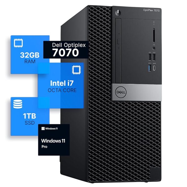 Dell Optiplex 7070 Tower Desktop Computer | Intel i7-9700 (3.4) | 32GB DDR4 RAM | 1TB SSD Solid State | Windows 11 Pro | Internal Wi-Fi 6 PCIe Adapter (Renewed)