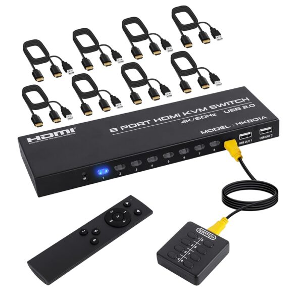 DGODRT 8 Port HDMI KVM Switch, 4K@60Hz HDMI KVM Switch for 8 Computers Share 1 HD Monitor and 4 USB Devices, Including 8 HDMI Cables and Remote Control