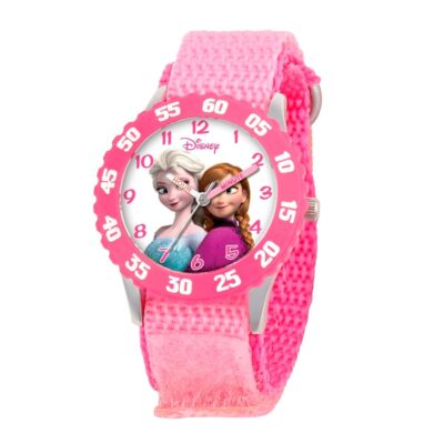 Disney Frozen Analog Watch, Time Teacher for Kids and Toddlers, Pink Bezel & Nylon Strap Watch