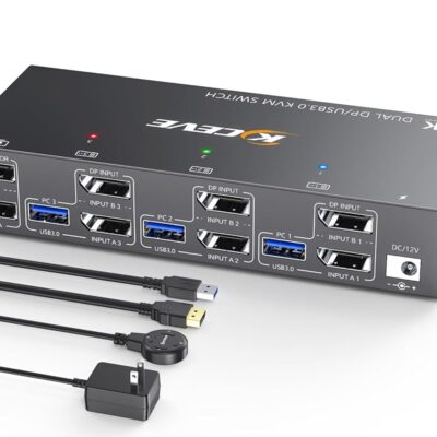 Displayport Dual Monitor KVM Switch 2 Monitors 3 Computers 8K@60Hz 4K@144Hz,MLEEDA 2 Monitors KVM Switch with 4 USB 3.0 Ports for Keyboard Mouse Printer,Wired Remote and 12V…