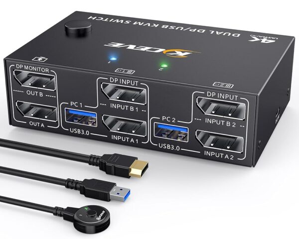 Displayport KVM Switch 2 Monitors 2 Computers 8K@30Hz 4K@144Hz,Camgeet USB3.0 Dual Monitor KVM Switches Displayport 1.4 with 4 USB 3.0 Port for USB Device,Wired Remote and 4...