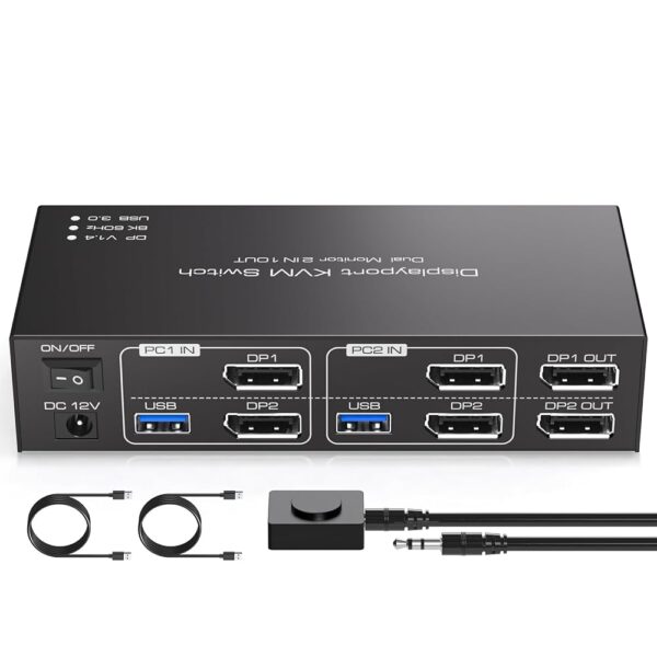 Displayport KVM Switch Dual Monitor 8K@60Hz/4K@120Hz USB 3.0 DP 1.4 KVM Switch for 2 Computers Share 2 Monitors and 4 USB Devices Support Extended & Copy Mode