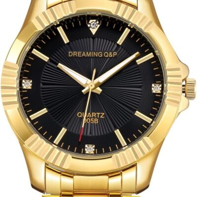 DREAMING Q&P Fq-005 Classic Style Gold Stainless Steel Mens Wrist Watches with Crystals for Man