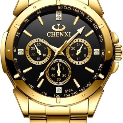 DREAMING Q&P Fq-005 Classic Style Gold Stainless Steel Mens Wrist Watches with Crystals for Man