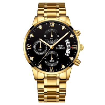 DREAMING Q&P Men’s Watches Luxury Fashion Casual Dress Chronograph Waterproof Military Quartz Wristwatches for Men Stainless Steel Band Gold Black