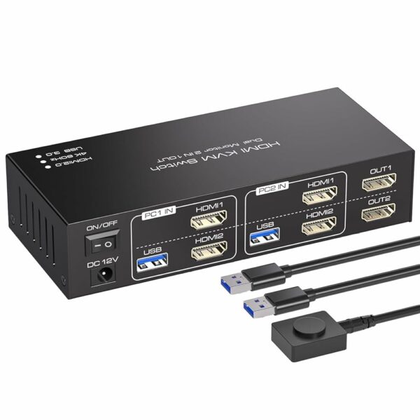 Dual HDMI KVM Switch 2 Monitors 2 Computers, Euscmaic HDMI 2 Ports USB 3.0 4 Ports KVM Selector 4K 60Hz HDMI Switches 2 PC or 2 Laptops Share 1 Set of Keyboard Mouse Printer and...