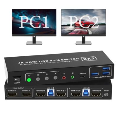 Dual Monitor KVM Switch HDMI 2 Port 4K60Hz EDID Emulator, KVM Switcher for 2 Computers 2 Monitors with Audio Output and 3 USB 3.0 Ports, Dual Monitor Support Cross Display, Copy…