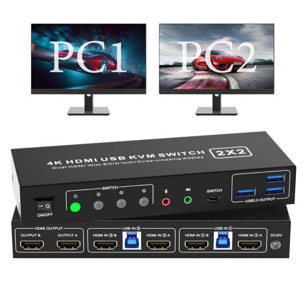 Dual Monitor KVM Switch HDMI 2 Port 4K60Hz EDID Emulator, KVM Switcher for 2 Computers 2 Monitors with Audio Output and 3 USB 3.0 Ports, Dual Monitor Support Cross Display, Copy...