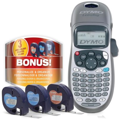 DYMO Label Maker Machine with Tape – 100H LetraTag Handheld, Comes with 3 LT Label Tapes. Great for Home & Office Organization