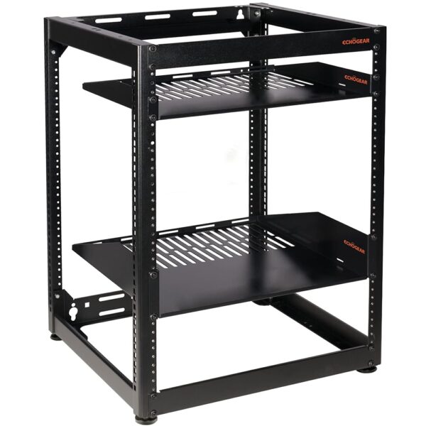 ECHOGEAR 15U Open Frame Rack for Servers & AV Gear - Wall Mountable Design Includes 2X Vented Shelves, 25x Rack Mounting Screws, 4X Leveling Feet, 4X Shelf Stops, & 2X...