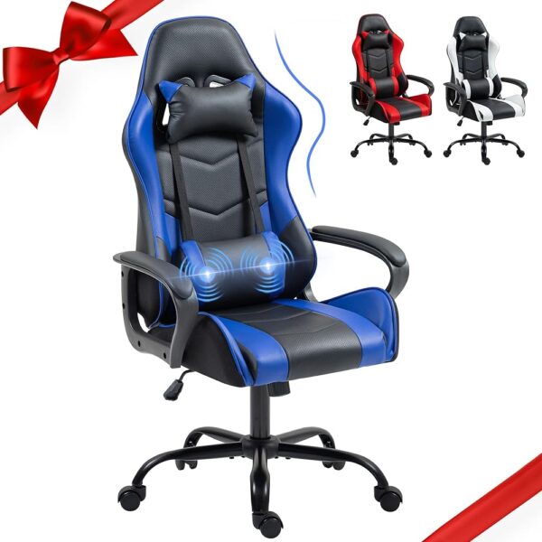 ECOTOUGE Gaming Chair, Ergonomic Video Game Chair with Massage Lumbar Support & Rocking High Back, 360° Swivel Computer Gamer Chair for Gaming or Office, Height Adjustable, Blue