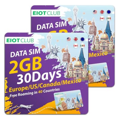 EIOTCLUB 2 Pack Prepaid Europe SIM Card, 2GB/30Days SIM Card, Use in Canada/Mexico/USA & 37 European Countries, 5G/4G High Speed Travel Data Card (No Activation & Roaming Fees…