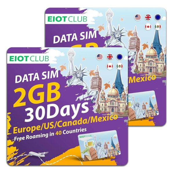 EIOTCLUB 2 Pack Prepaid Europe SIM Card, 2GB/30Days SIM Card, Use in Canada/Mexico/USA & 37 European Countries, 5G/4G High Speed Travel Data Card (No Activation & Roaming Fees...