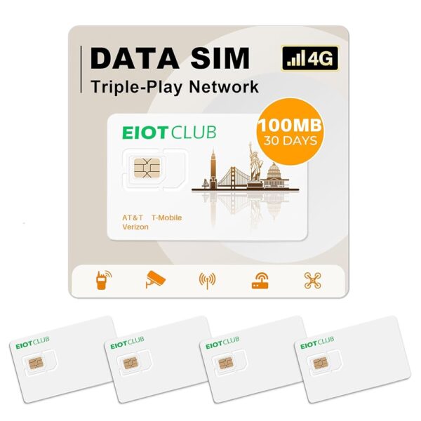 EIOTCLUB 4 Pack Prepaid SIM Card 100MB/30Day, 4G LTE SIM Support for Verizon, AT&T and T-Mobile in USA, Data Only SIM Card for Security/Hunting/Trail Camera WiFi Hotspot Router...