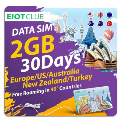 EIOTCLUB Prepaid Europe SIM Card, 2GB/30Days SIM Card, Use in Australia/New Zealand/Turkey/The US & Europe, 5G/4G Speed Data Card (No Activation & Roaming Fees Required)