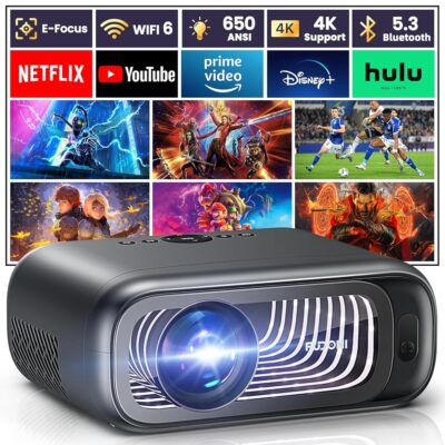 [Electric Focus/Auto Keystone] FUDONI Projector with WiFi 6 and Bluetooth Dual-way, 650ANSI Native 1080P 4K Support Outdoor Movie Projector Max 300” Display, for iOS/Android/TV…