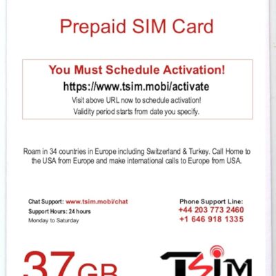 Europe SIM Card 28 Days Holiday with CallHome & Hotspot Tethering. 5G Enabled. Roam in 34 Countries incl Switzerland, Turkey. (37GB)