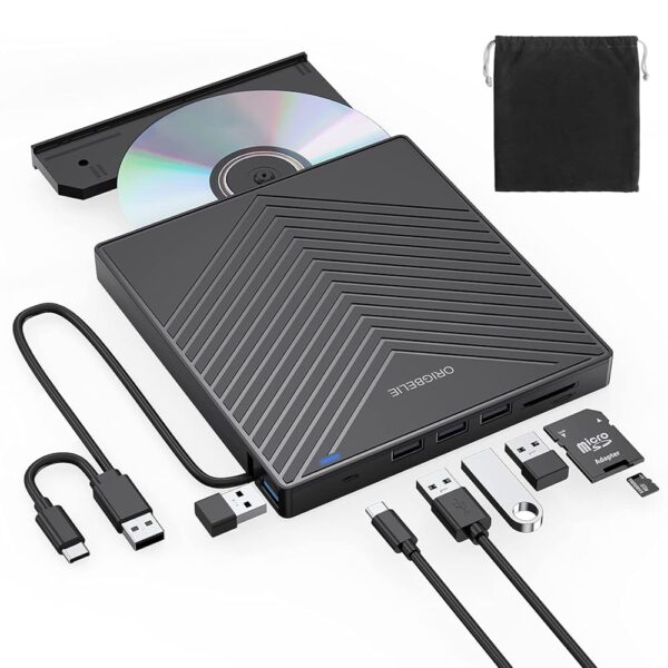 External CD DVD Drive, Ultra Slim CD Burner USB 3.0 with 4 USB Ports and 2 TF/SD Card Slots, Optical Disk Drive for Laptop Mac, PC Windows 11/10/8/7 Linux OS