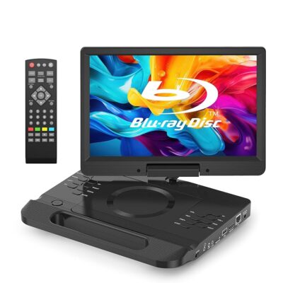 FANGOR 13.3 Inch Portable Bluray Player with 12″ HD Swivel Screen, 5 Hours Rechargeable Battery and Remote Control, HDMI Out/AV in, Multi-Media Player, USB/SD Card, Last Memory