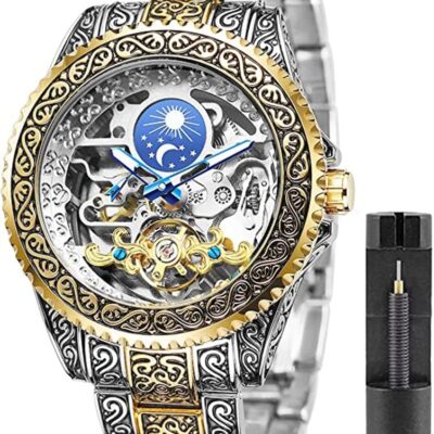 FANMIS Mens Luxury Engraving Wrist Watches Unique Tattoo Pattern Carved Stainless Steel Band Luminous Automatic Skeleton Watch