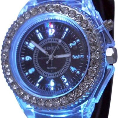 FANMIS Unisex Sports Rhinestone LED Flashing Light up Color Changing Silicone Jelly Watch Black