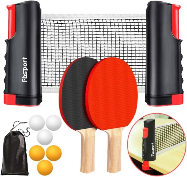 FBSPORT Ping Pong Paddle Set, Portable Table Tennis Set with Retractable Net,Rackets,Balls and Carry Bag for Indoor/Outdoor Games