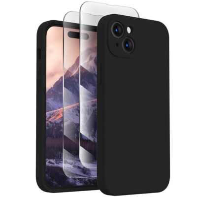 FireNova Designed for iPhone 15 Case, Silicone Upgraded [Camera Protection] Phone Case with [2 Screen Protectors], Soft Anti-Scratch Microfiber Lining Inside, 6.1 inch, Black